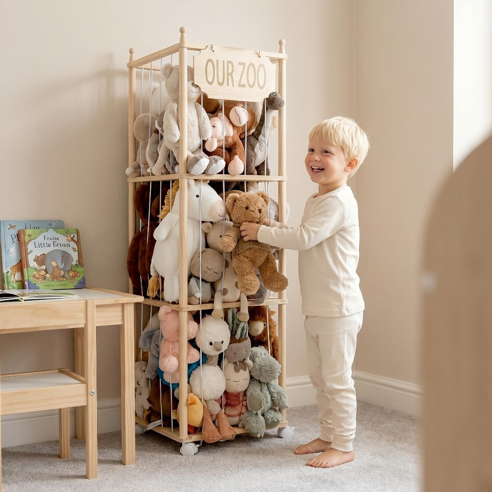 Stuffed Animal Storage Tower Wooden Zoo Cage Design Large Plush Toy Organizer Holder for Kids for Entryways, Bedrooms and Living Spaces