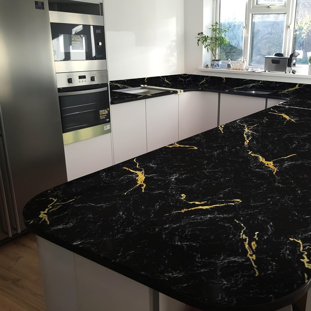 Black Marble Wallpaper Self-Adhesive Peel and Stick | Gold Vein Kitchen Backsplash Contact Paper | 23.62" x 196.85" Large Removable Wall