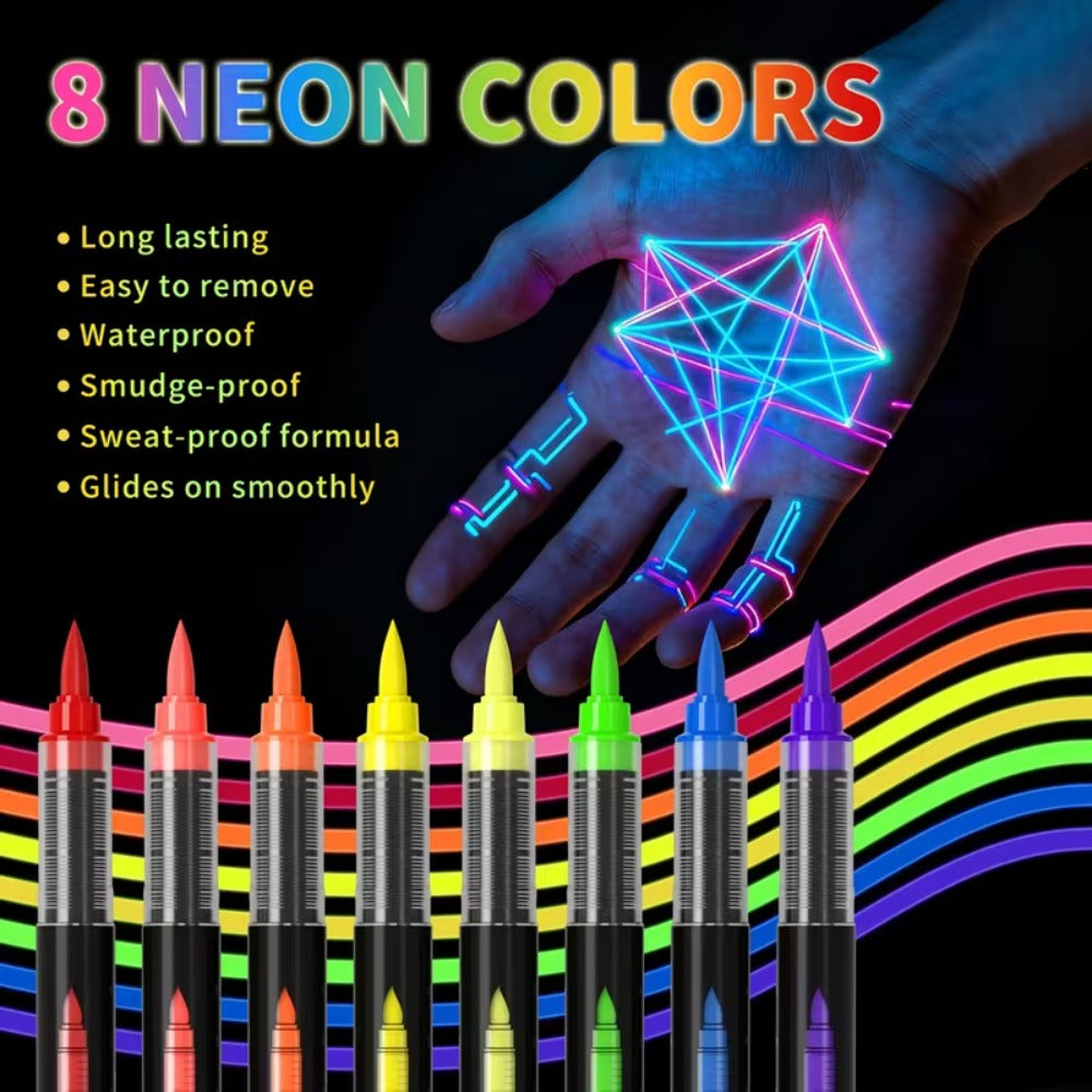 Face Body Paint Pen Set 8 Colors with 105 Tattoo Stencils, Glow in the Dark Neon UV Blacklight Face Paint