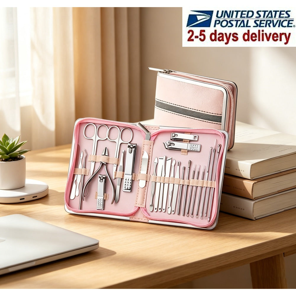 Manicure Pedicure Set 26pcs Pink Stainless Steel – Precision Nail Clippers Cuticle Nipper & Dead Skin Scissors 45° Blade Professional