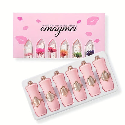 Lip Balm emaymei 6-Piece Flower Jelly Stick Set with Clear Gloss Texture and Pink Gift Box