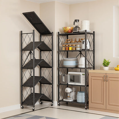 Three-to-Five-Tier Foldable Storage Rack with Carbon Steel Frame, Lockable Wheels and Three Colors