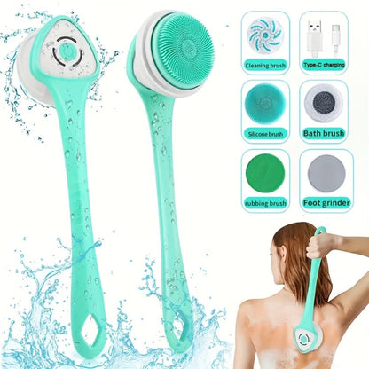 Electric Body Scrubber 6-in-1 Rechargeable Shower Brush - Vibrating Exfoliating Brush with Long Handle