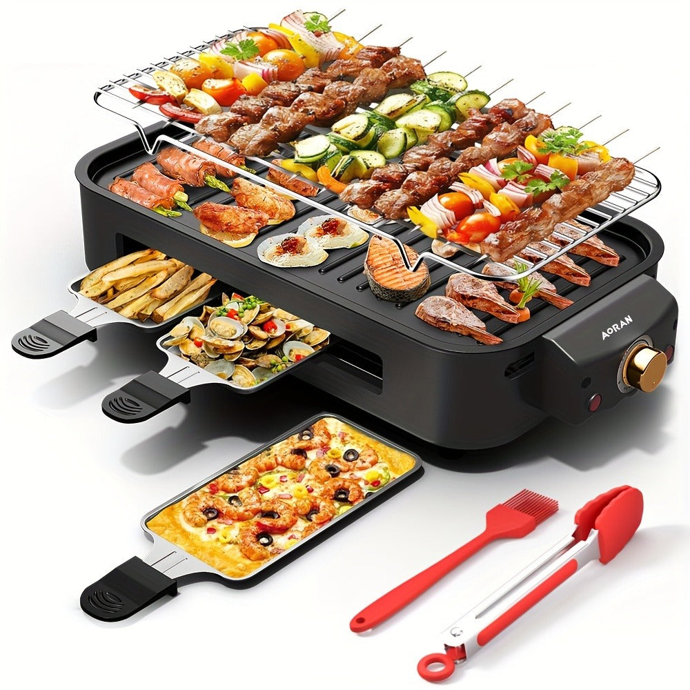 Electric BBQ Grill Indoor, 1500W Smokeless Tabletop Grill with Removable Frying Pan, Waffle Maker & Non-Stick Stainless Steel Plates