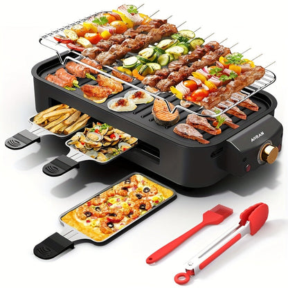 Electric BBQ Grill Indoor, 1500W Smokeless Tabletop Grill with Removable Frying Pan, Waffle Maker & Non-Stick Stainless Steel Plates