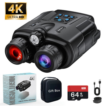Black 4K-Labeled Night Vision Binoculars with 3-Inch Screen, 8X Digital and 5X Optical Zoom, 64GB Card and Carry Case