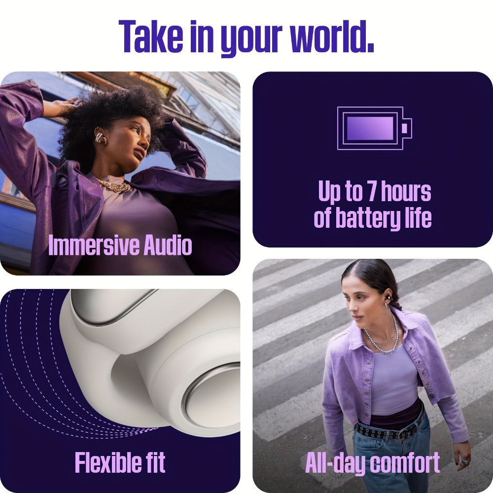 Open Audio Clip-On Earbuds Battery Situational Awareness True Wireless Bluetooth Immersive Sound Limited Edition Chilled Lilac Color
