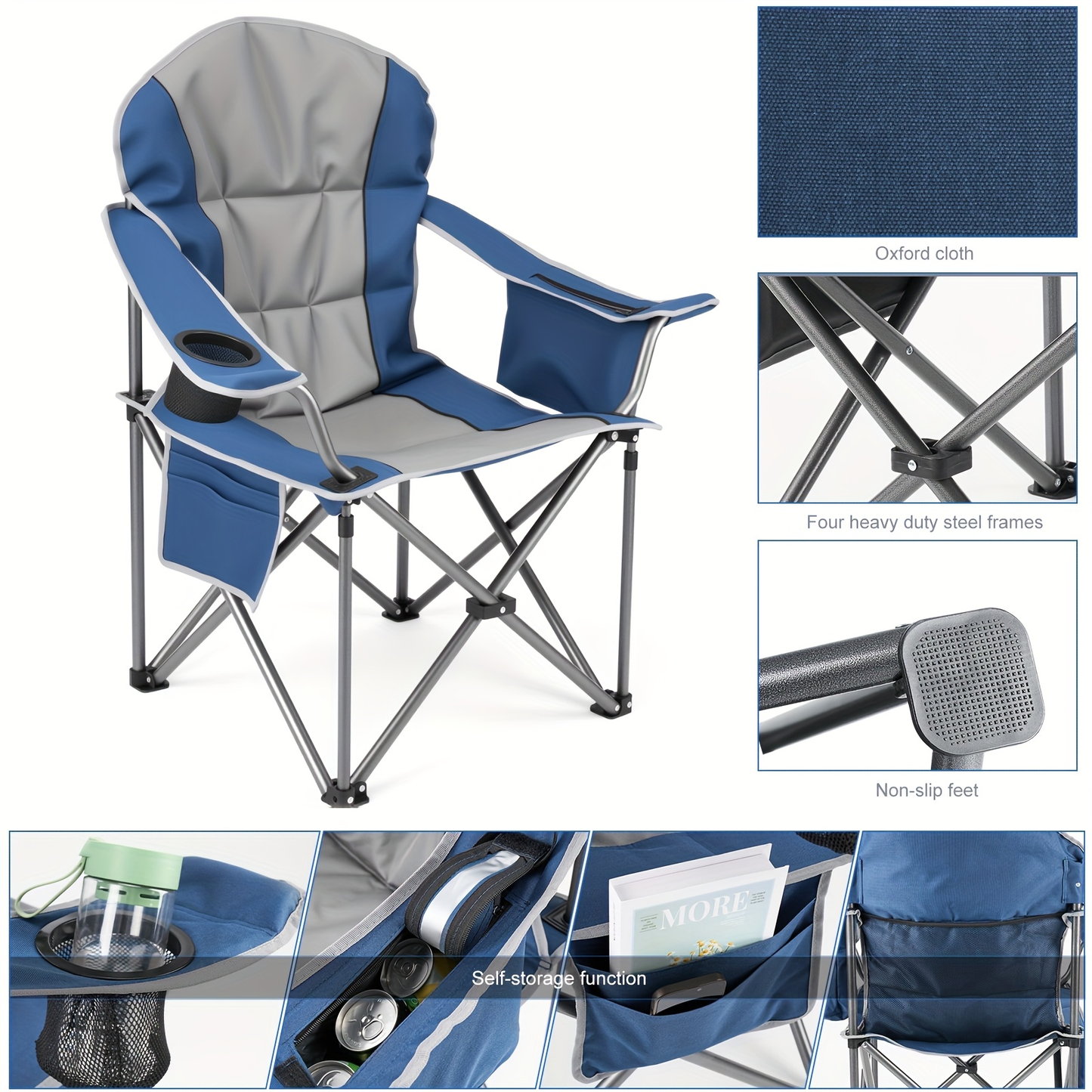 Heavy Duty Folding Camping Chair 600 Lbs Capacity – Padded Seat, Insulated Cooler Bag, Organizer Pockets & 2 Cup Holders for Camping, Beach