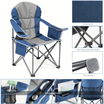 Heavy Duty Folding Camping Chair 600 Lbs Capacity – Padded Seat, Insulated Cooler Bag, Organizer Pockets & 2 Cup Holders for Camping, Beach
