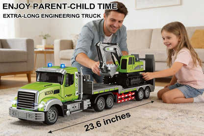 RC Semi Truck with Flatbed Trailer & Alloy Excavator Set 1:12 Scale, 11-Channel Dual Control, Sound & Lights