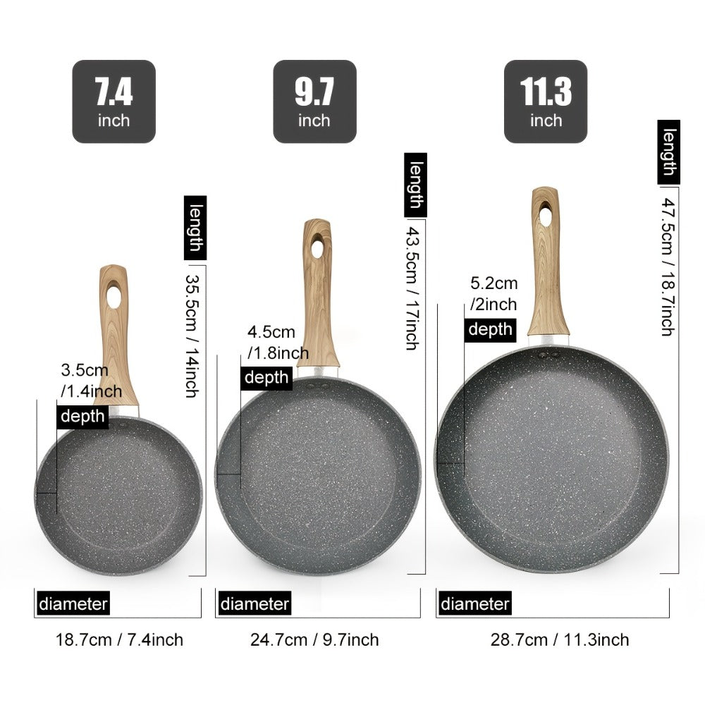 Non-Stick Frying Pan Set 3-Piece 7 9.5 11 Inch, Skillet Set with Insulated Handle for Home Cooking, Dining and Outdoor Meals
