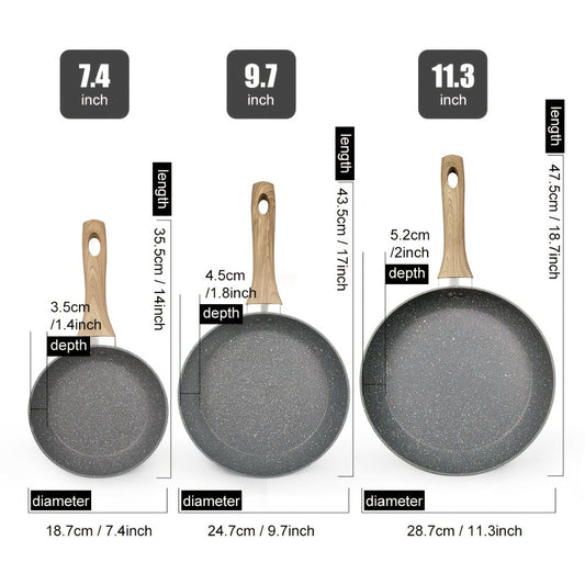 Non-Stick Frying Pan Set 3-Piece 7 9.5 11 Inch, Skillet Set with Insulated Handle for Home Cooking, Dining and Outdoor Meals