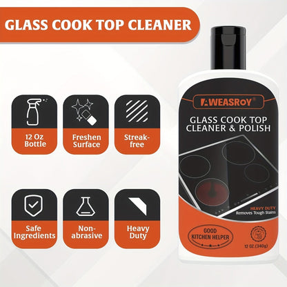 Glass Stove Top Cleaner Kit 12oz Non-Abrasive No Scratch Cooktop Cleaner and Polish Removes Tough Grease Stains 9-Piece Set with Scrubbing