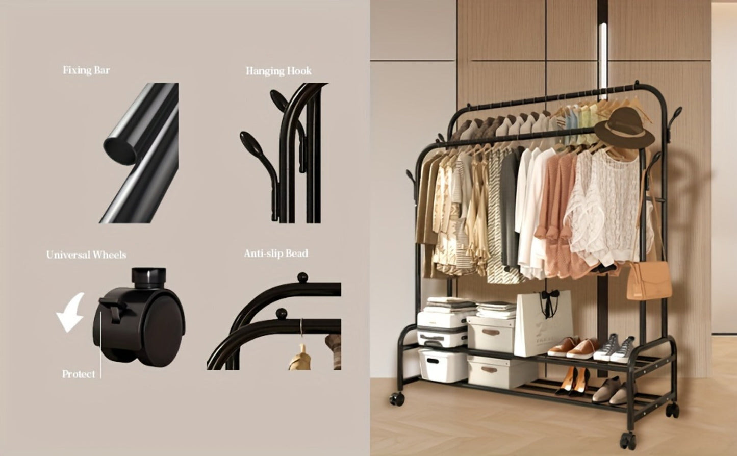 Black or Gold-Color Double-Rod Clothing Rack with Wheels, Side Hooks and 150 x 110 x 46 cm Frame