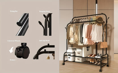 Black or Gold-Color Double-Rod Clothing Rack with Wheels, Side Hooks and 150 x 110 x 46 cm Frame