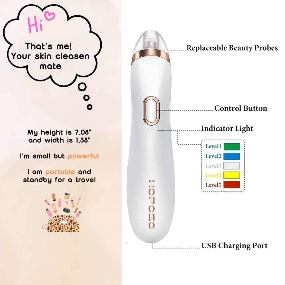 Blackhead Remover Vacuum Pore Cleaner 5 Adjustable Suction Levels - 4 Probe Heads 600mAh for Bath Time, Home Spa and Personal Care