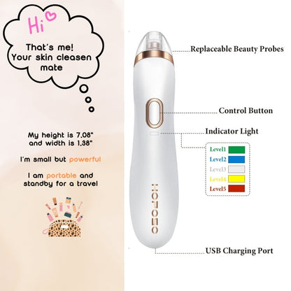 Blackhead Remover Vacuum Pore Cleaner 5 Adjustable Suction Levels - 4 Probe Heads 600mAh for Bath Time, Home Spa and Personal Care