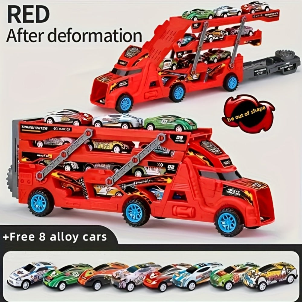 Transforming Launcher Truck Playset with 8 Alloy Cars, Foldable Storage Transporter Toy, Car Carrier Truck with Launch Ramp