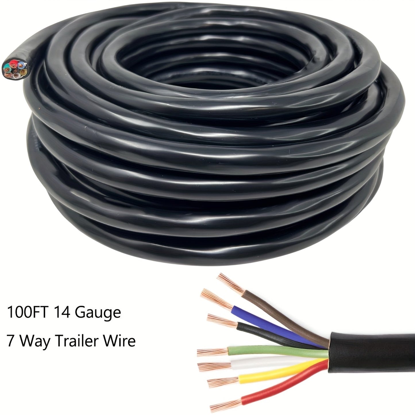7-Way Trailer Wire 14 Gauge CCA 7 Conductor Color-Coded Heavy Duty Wiring Harness for Trailer RV Camper – 50FT or 100FT