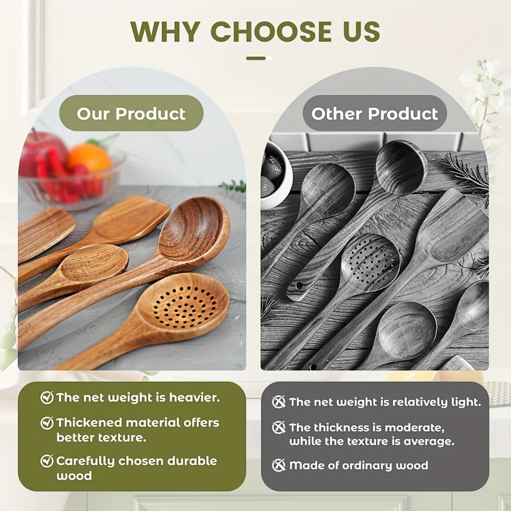 Wooden Kitchen Utensil Set 10 Piece – Nonstick Safe Cooking Spoons, Ergonomic Handle, Heat Resistant Wood Kitchen Tools