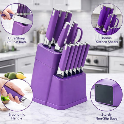 13-Piece Kitchen Knife Set with Block, Chef Bread Steak Knives Scissors Stainless Steel Colorful Cutlery Gift Set with Knife Holder