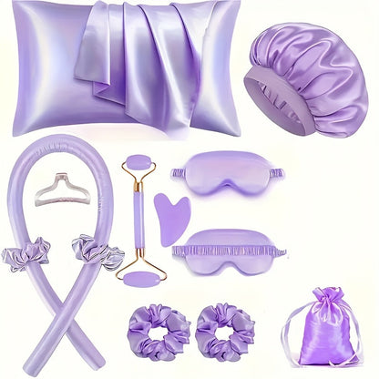 Heatless Curling Set 12pcs Overnight Sleep Hair Curlers Satin Sleep Cap Eye Mask Facial Roller Hairband Storage Bag No Heat Damage
