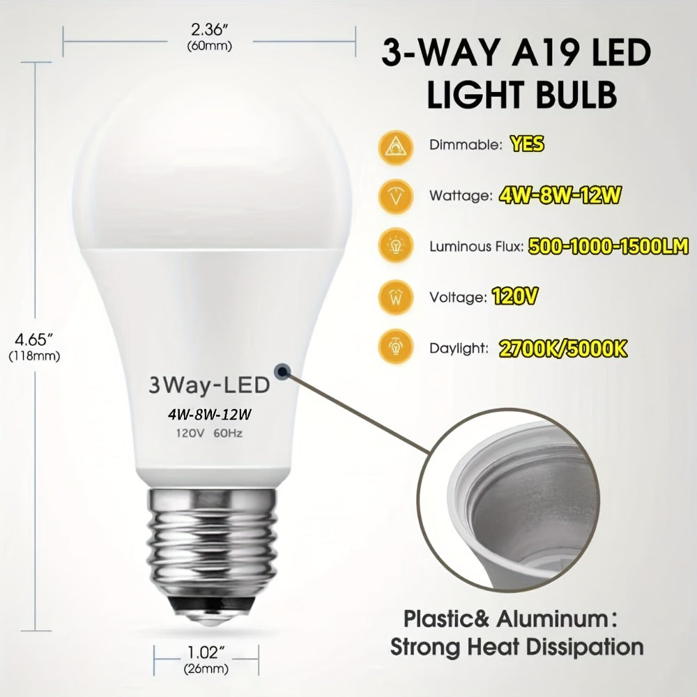 3-Way LED Light Bulb A19 40 60 100W Equivalent 1500 Lumens E26 Base – Soft White 2700K & Daylight 5000K Three-Way Bulb for Bedroom Living