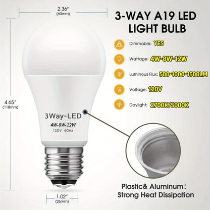 3-Way LED Light Bulb A19 40 60 100W Equivalent 1500 Lumens E26 Base – Soft White 2700K & Daylight 5000K Three-Way Bulb for Bedroom Living