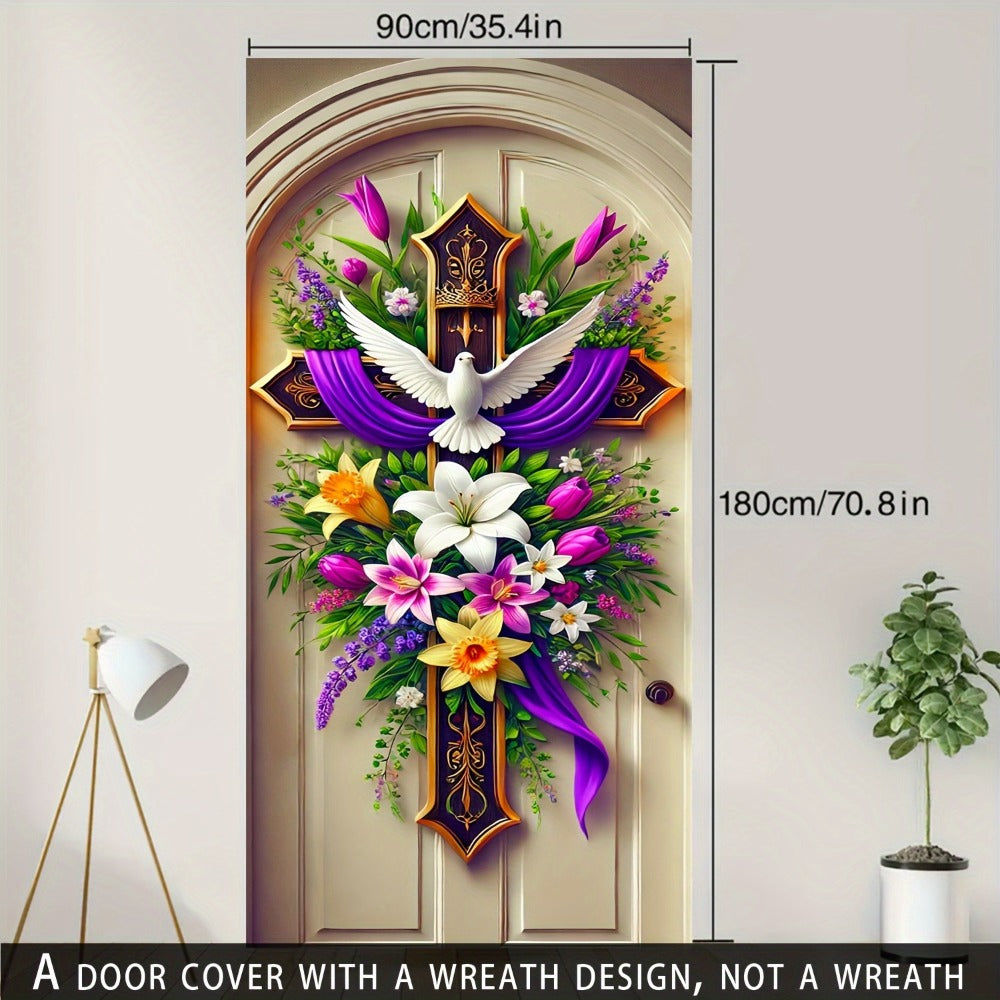 Easter Door Curtain Decoration 35.4x70.8 Inch, Colorful Spring Door Hanging with Dove Floral Cross Pattern
