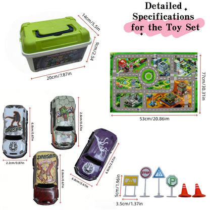 Dinosaur Toy Car Set 29-30pcs, Mini Pull Back Racing Cars with T-Rex Spinosaurus Pterodactyl Figures & City Traffic Map