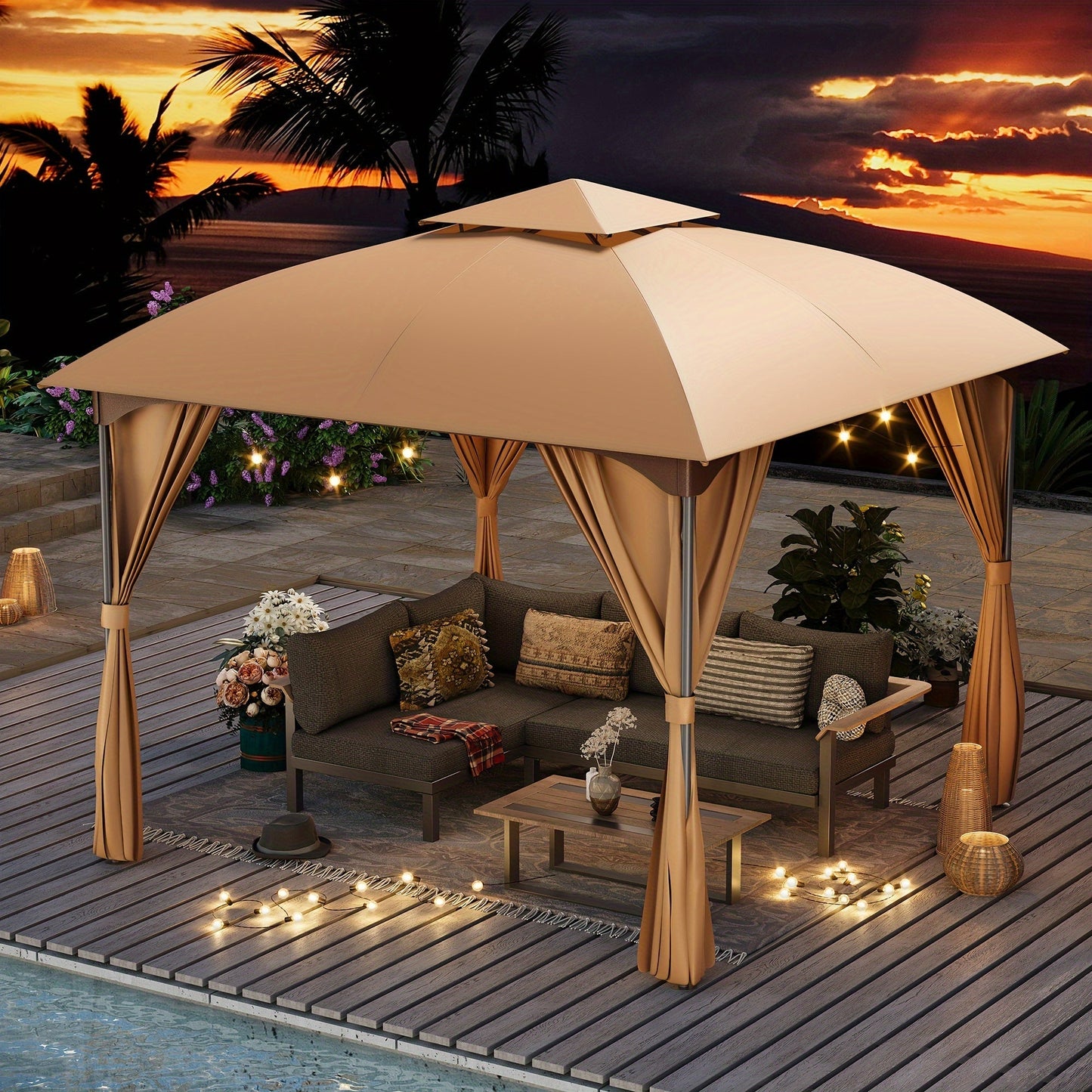Gazebo Canopy Tent 10x10ft Arch Double Roof Mosquito Net Curtains for Garden, Yard and Pest Management