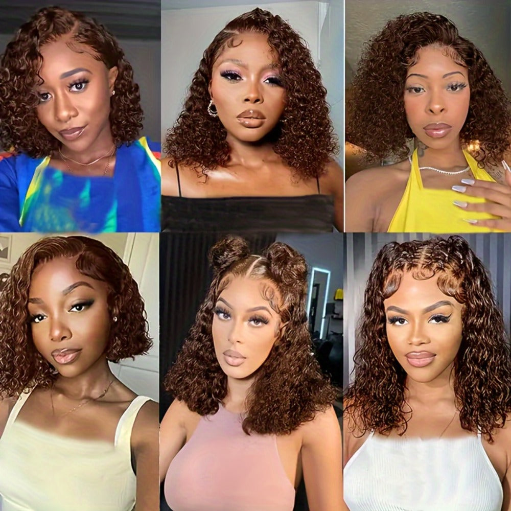 4x4 HD Lace Closure Curly Bob Wig Reddish Brown #33 Human Hair Pre-Plucked Glueless Short Bob with Baby Hair 20 Inch Warm Auburn Color Wig