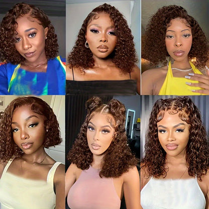 4x4 HD Lace Closure Curly Bob Wig Reddish Brown #33 Human Hair Pre-Plucked Glueless Short Bob with Baby Hair 20 Inch Warm Auburn Color Wig