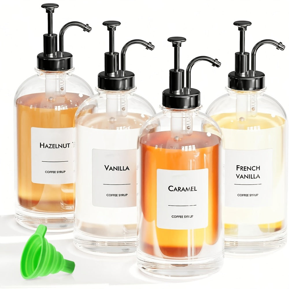 Glass Syrup Dispenser with Pump 4 Pack 16.9oz 500ml Coffee Bar Accessories Set with Silicone Funnel
