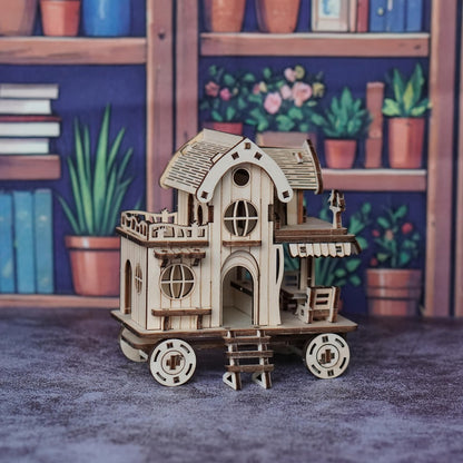 3D Wooden Puzzle Mobile Home on Wheels – DIY Café Bar Model Kit, Handcrafted Miniature House Assembly, Unique Desk Decoration Gift