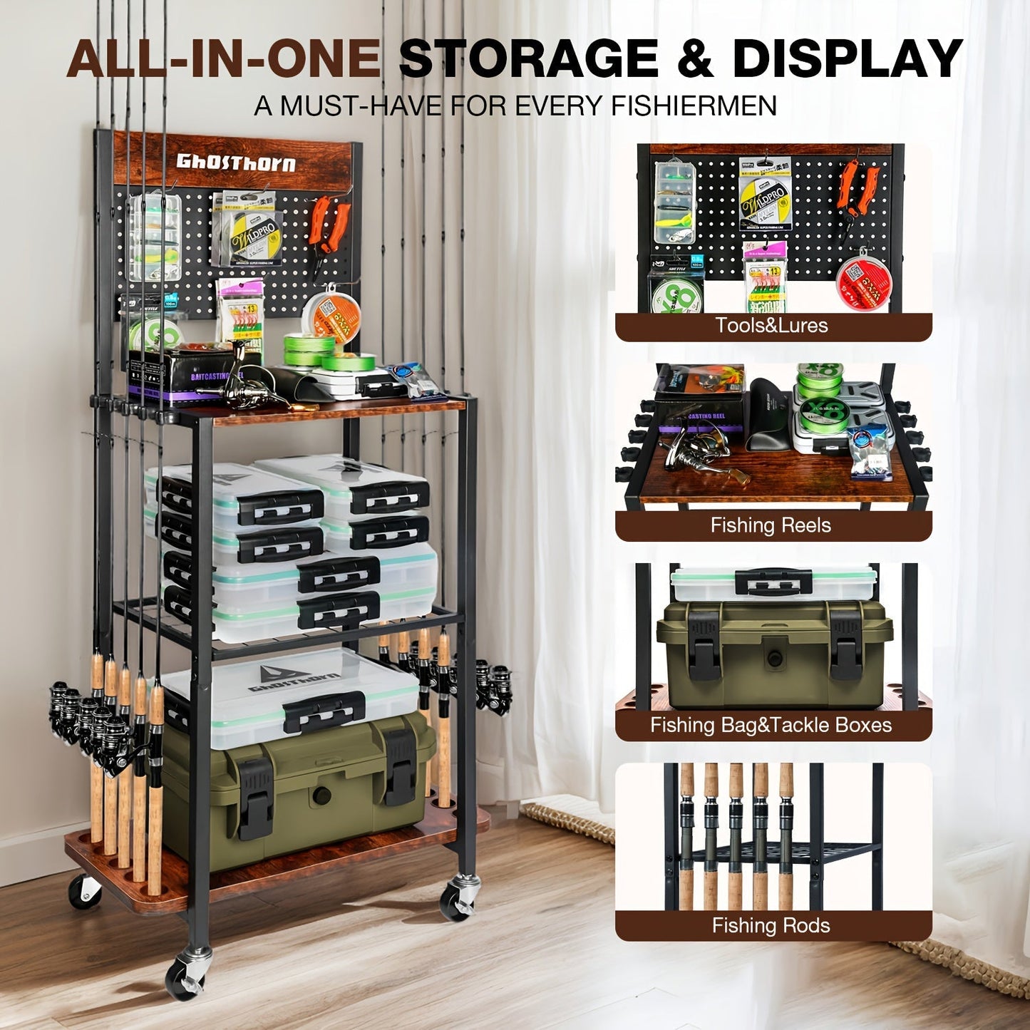 Fishing Rod Holder Rack for Garage Holds Up to 10 Rods Iron Construction with Pegboard Hooks Rolling Wheels Fishing Pole Storage Organizer