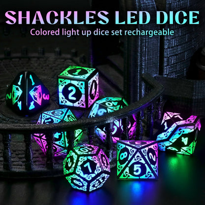 LED Dice Set 7pcs Wireless Rechargeable Light Up, Colorful Glowing Polyhedral Dice with Charging Box