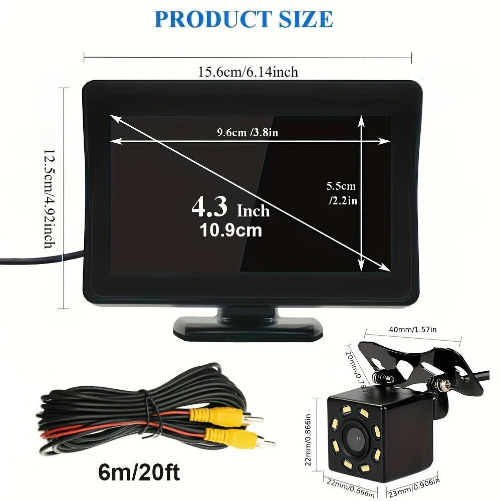 Backup Camera Kit with 4.3 Inch Monitor – 8 LED HD Night Vision Reversing Camera | 1080p Wide Angle | USB Powered | for Car, Truck