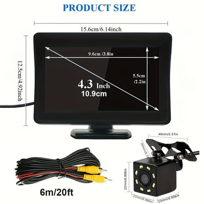 Backup Camera Kit with 4.3 Inch Monitor – 8 LED HD Night Vision Reversing Camera | 1080p Wide Angle | USB Powered | for Car, Truck