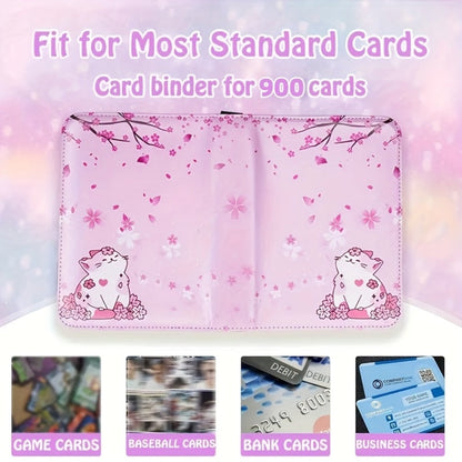 Pink Cat and Cherry Blossom Trading Card Binder with Zipper Closure, 900 Pockets and 13.2-Inch Height