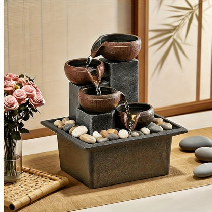 Tabletop Water Fountain Indoor, 4-Level Desktop Waterfall with LED Lights & Natural River Stones