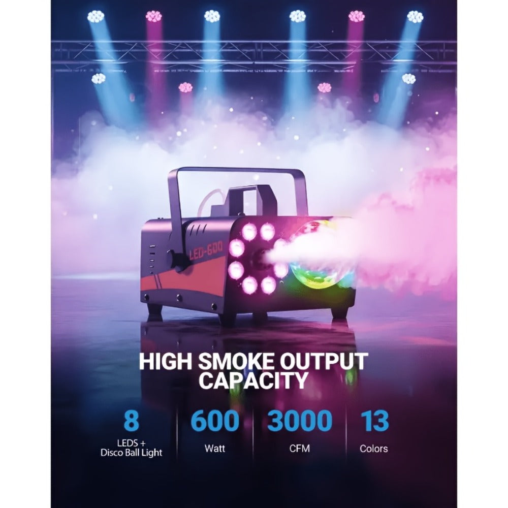 Fog Machine 600W with Disco Ball LED Lights, 3000 CFM Smoke Machine with 13 Colorful LED Effects & Wireless Remote