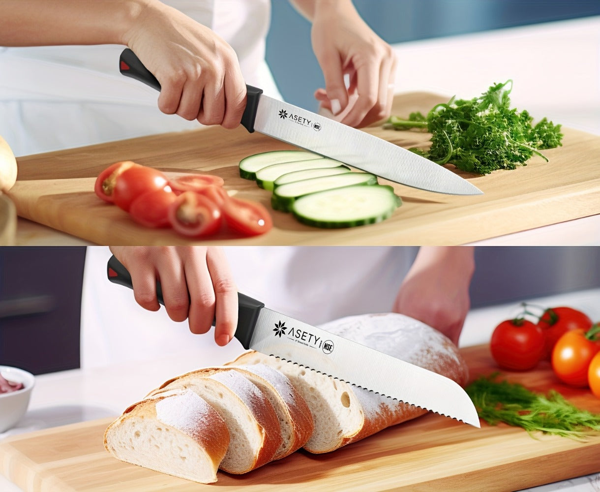 Kitchen Knife Set by ASETY, 15-Piece Stainless Steel Block Set with PP Handles in Two Finish Options