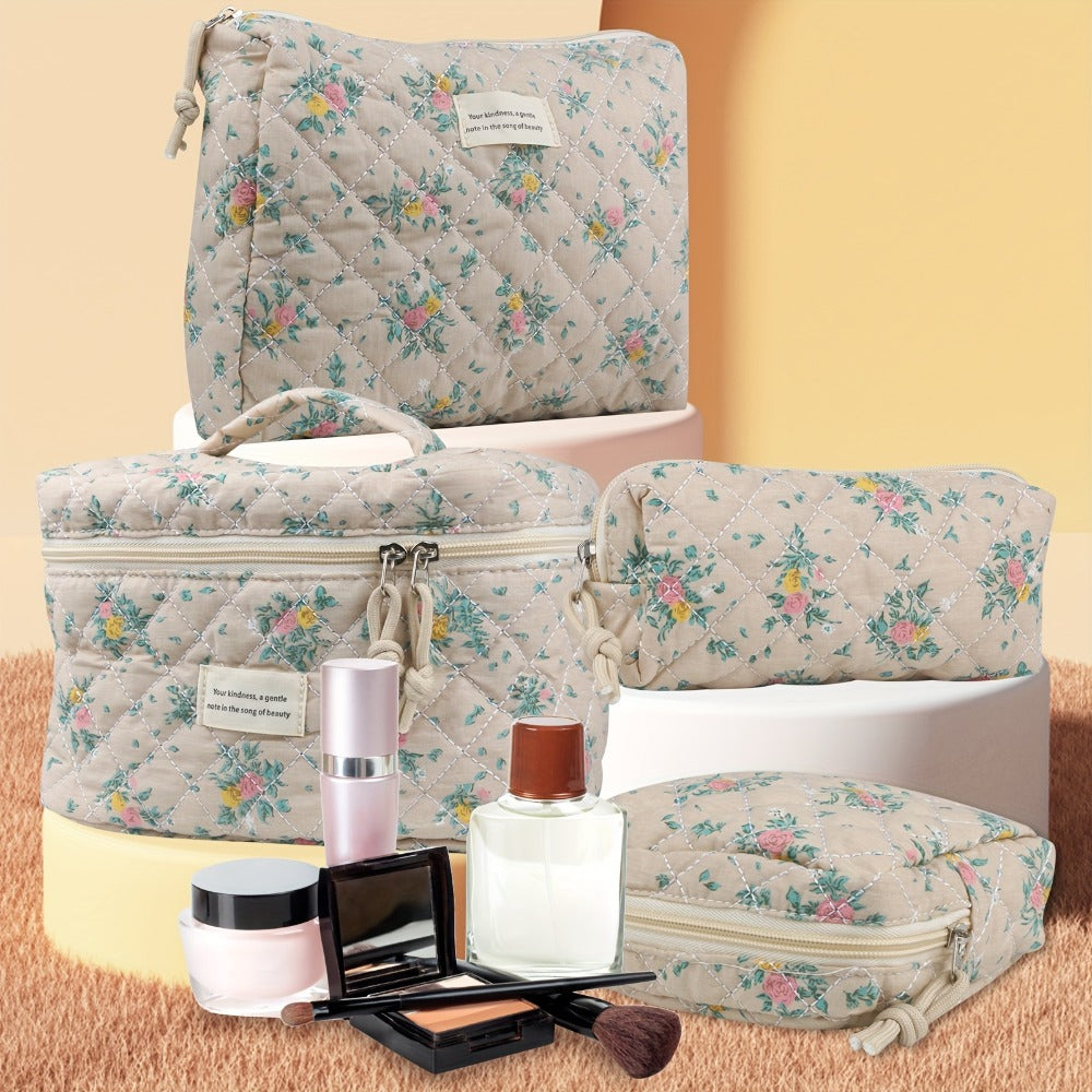 Makeup Bag Four-Piece Quilted Cotton Floral Pouch Set in Five Styles for Travel, Vanity and Everyday Beauty Storage