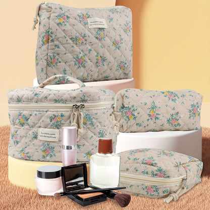 Makeup Bag Four-Piece Quilted Cotton Floral Pouch Set in Five Styles for Travel, Vanity and Everyday Beauty Storage
