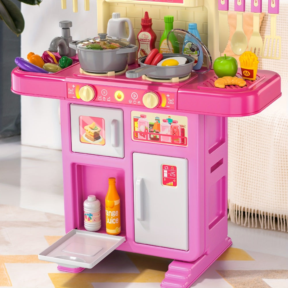 Pretend Play Kitchen Playset with Lights & Sounds, Interactive Toy Kitchen Accessories for Toddlers Ages 3+