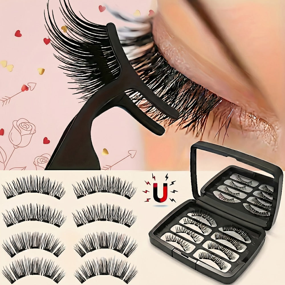 Eight-Piece Double-Strip Magnetic False Eyelash Set with Black Case, Applicator and Tweezers