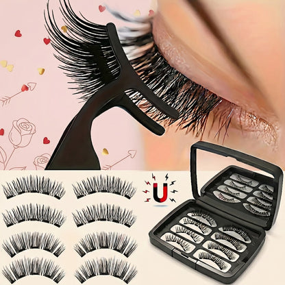 Eight-Piece Double-Strip Magnetic False Eyelash Set with Black Case, Applicator and Tweezers
