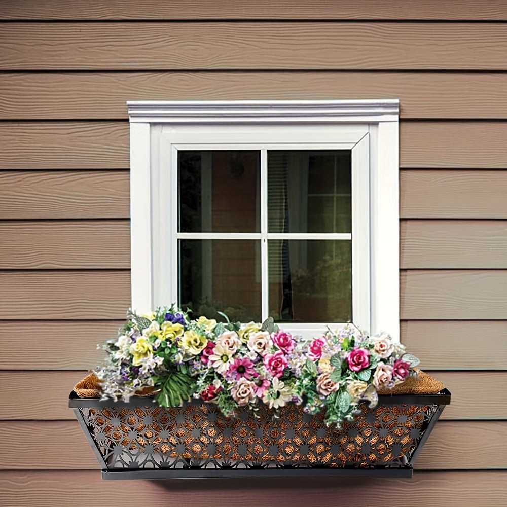 Window Box Planter 24 Inch with Coco Liner Adjustable Railing Brackets Cast Iron Flower Box for Porch Fence Balcony Patio Outdoor Garden