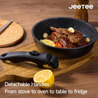 Cookware Set A Dinnerware 16- or 26-Piece Detachable-Handle Pots and Pans in Black or Beige for Compact Storage